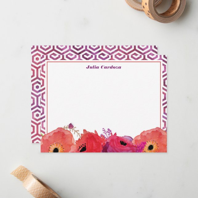 Cartão De Notas Flores de Aquarelas Vermelhas Vibrantes (Frente/Verso In Situ)