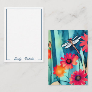 Cartão De Notas Flores em aquarela e libélula personalizáveis