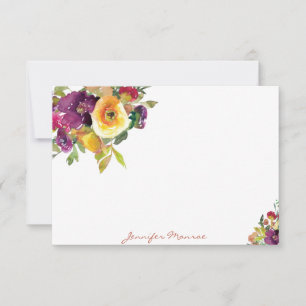 Cartão De Notas Flores personalizadas em aquarela laranja e roxo