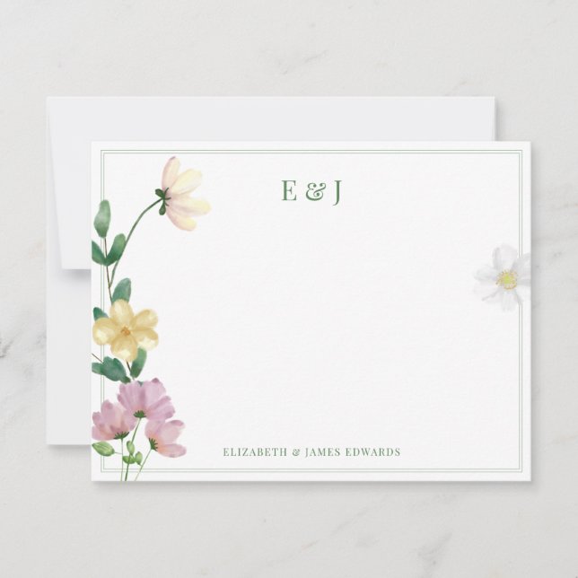 Cartão De Notas Flores Silvestres Monogramadas de Dupla Borda em V (Frente)