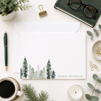 Cartão De Notas Floresta de Pinheiros em Aquarela Personalizada