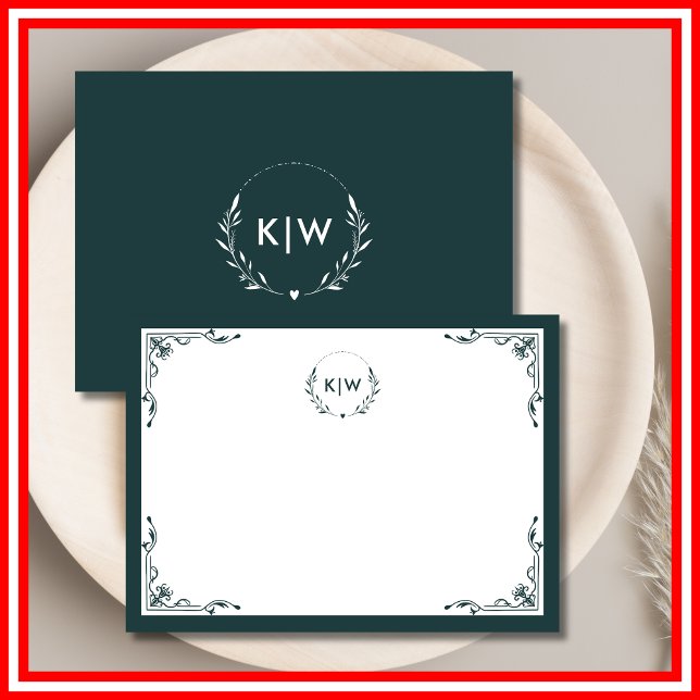 Cartão De Notas Floresta Verde e Branco | Monograma de Iniciais Mo (Criador carregado)