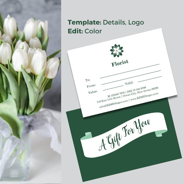 Cartão De Notas 💝 Florist Green & White Gift Certificate (💝Florist Green & White Gift Certificate Note Card, A Gift For You)