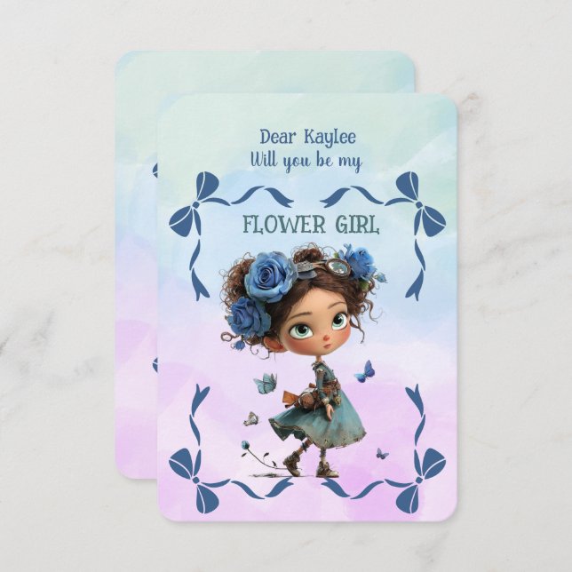 Cartão De Notas Flower Girl Invitation Floral Blue Watercolor (Frente/Verso)