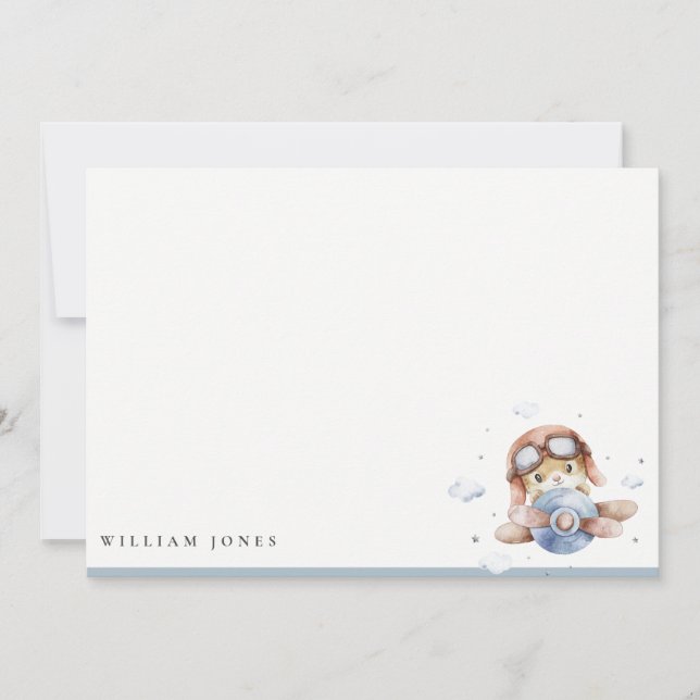 Cartão De Notas Fofa Avião Rust Navy Teddy Estrelas Céu Aniversári (Frente)