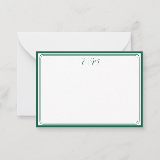 Cartão De Notas Forest Green three Border Monogram Note Card (Frente)