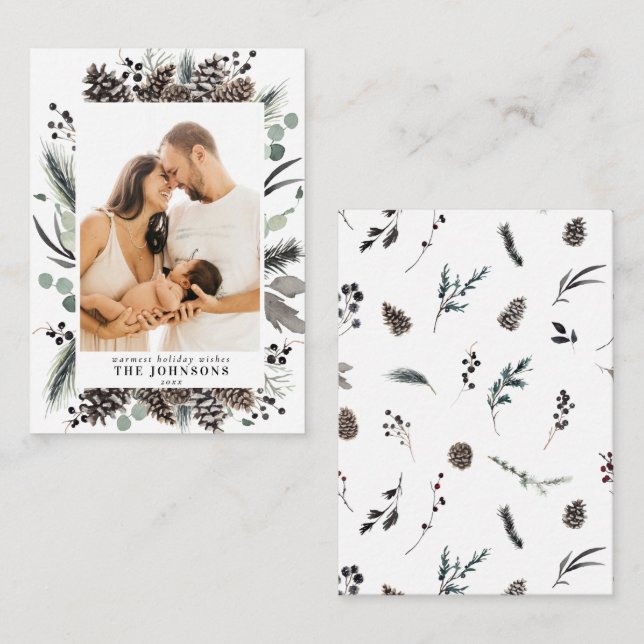 Cartão De Notas Foto da Família de Natal Mini Winter Pine Berry (Frente/Verso)
