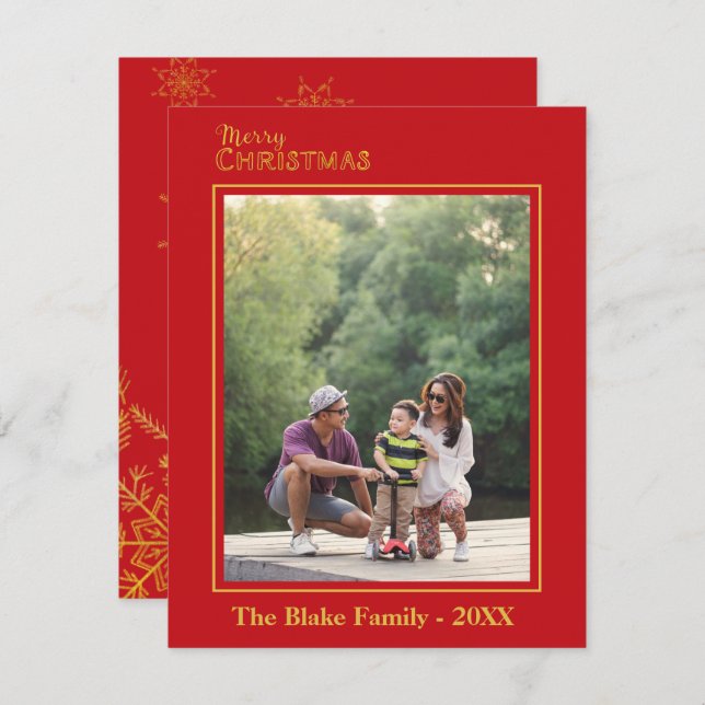 Cartão De Notas Foto da família Dourada Vermelha de Natal Moderno (Frente/Verso)