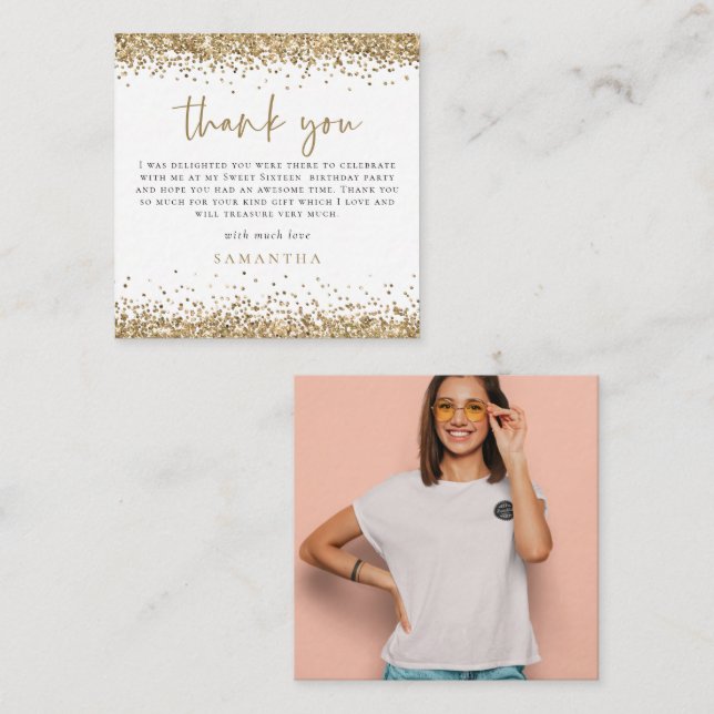 Cartão De Notas Foto da Mini Dourada Glitter 16 Doce Obrigado (Frente/Verso)