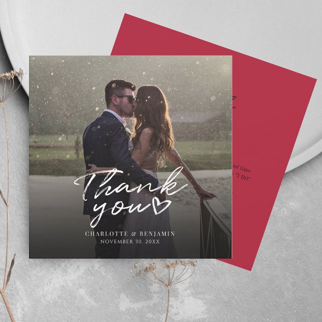 Cartão De Notas Foto De Casamento Com Letra Moderna, Obrigado (Wedding Thank You Couples Photo Square Card)