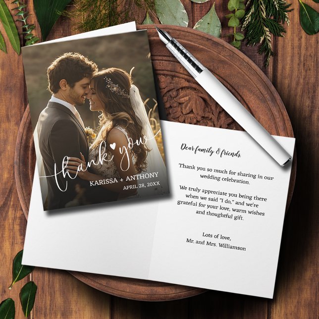 Cartão De Notas Foto de Casamento de Coração Chic Dobrada Obrigado (Wedding Photo Heart Folded Thank You Note Cards)