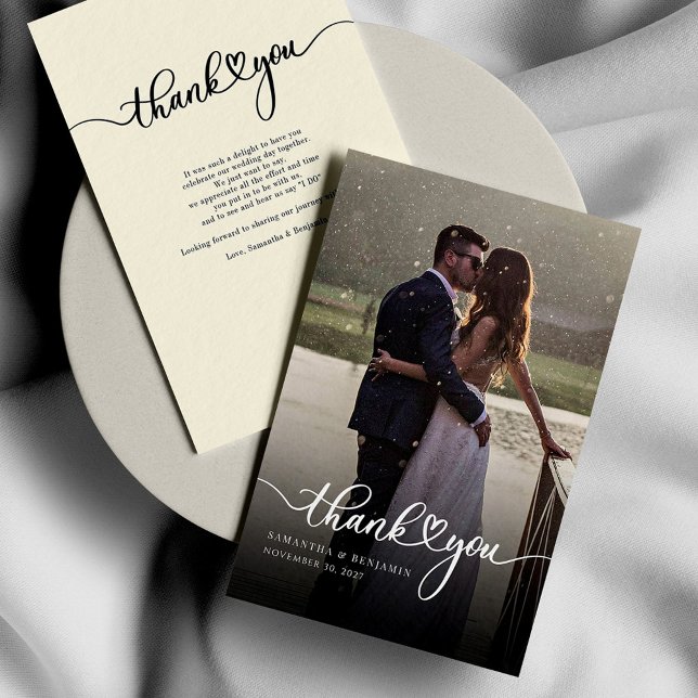 Cartão De Notas Foto De Casamento Personalizada Com Letra De Mão O (Wedding Photo Script Typography Elegant Thank Note Card)