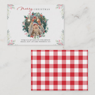 Cartão De Notas Foto de Família Feliz Natal Bagas Vermelhas Xadrez