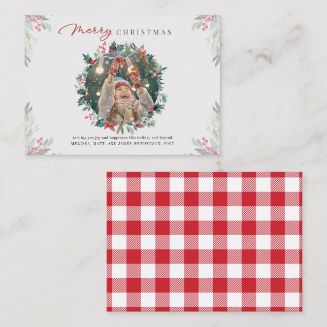 Cartão De Notas Foto de Família Feliz Natal Plaid Vermelho com Fru (Frente/Verso)