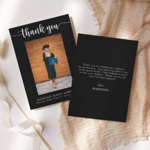 Cartão De Notas Foto de Graduação em Preto do Elegante Obrigado