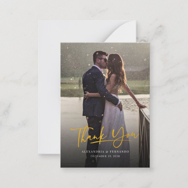 Cartão De Notas Foto Elegante De Casamento Dourado Com Mão Obrigad (Frente)