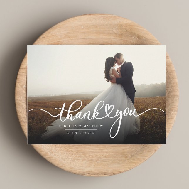 Cartão De Notas Foto personalizada de casamento de script Obrigado (Personalized Script Wedding Photo Thank You Note Card)