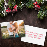 Cartão De Notas fotografia da família de caligrafia branca de nata<br><div class="desc">cartão de nota da família de feriados de natalícia elegante na moda alegre de natal,  caligrafia branca moderna,  personalizado,  você pode mudar a cor e o estilo da fonte. duas cartas laterais,  na mensagem de feriado do verso.</div>