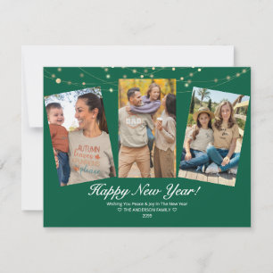 Cartão De Notas Fotos da Família com Luzes Verdes Feliz Ano Novo