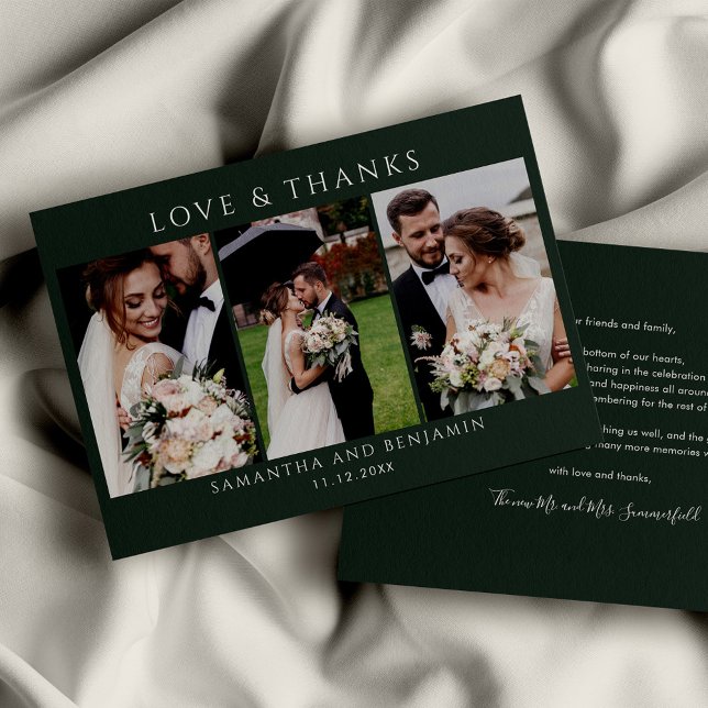 Cartão De Notas Fotos De Casamento Obrigado (Love and Thanks Photo Collage Green Custom Thank You Note Card)