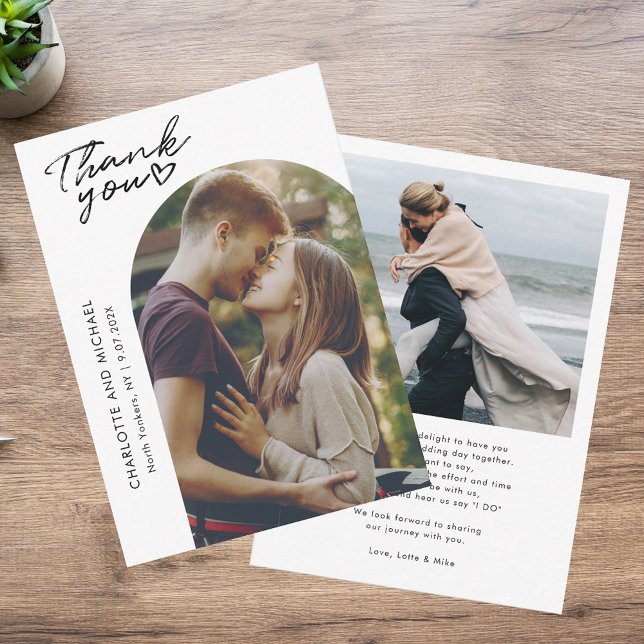 Cartão De Notas Fotos Elegante Do Arco Moderno 2 Obrigado (Modern Arch 2 Photos Elegant Wedding Thank You Note Card)