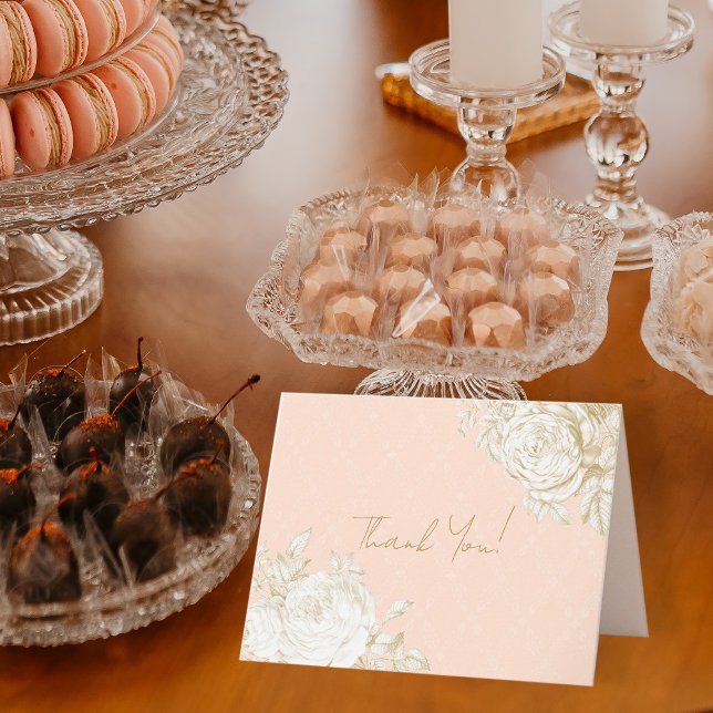 Cartão De Notas Francês Floral Elegante Toile Rosa Dourado Obrigad (Criador carregado)