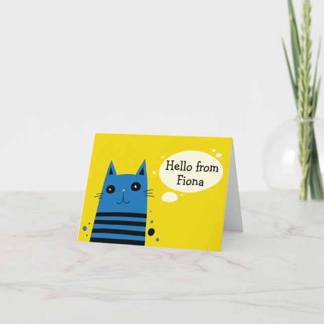 Cartão De Notas Fun Modern Style Blue and Yellow Cartoon Cat (Frente)
