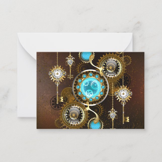 Cartão De Notas Fundo Rusty Steampunk com Lentes Turquesa (Frente)