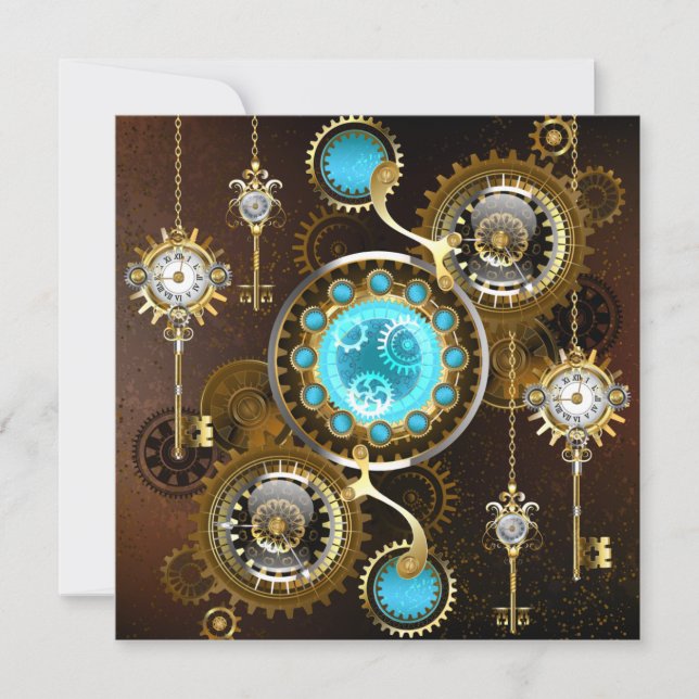 Cartão De Notas Fundo Rusty Steampunk com Lentes Turquesa (Frente)