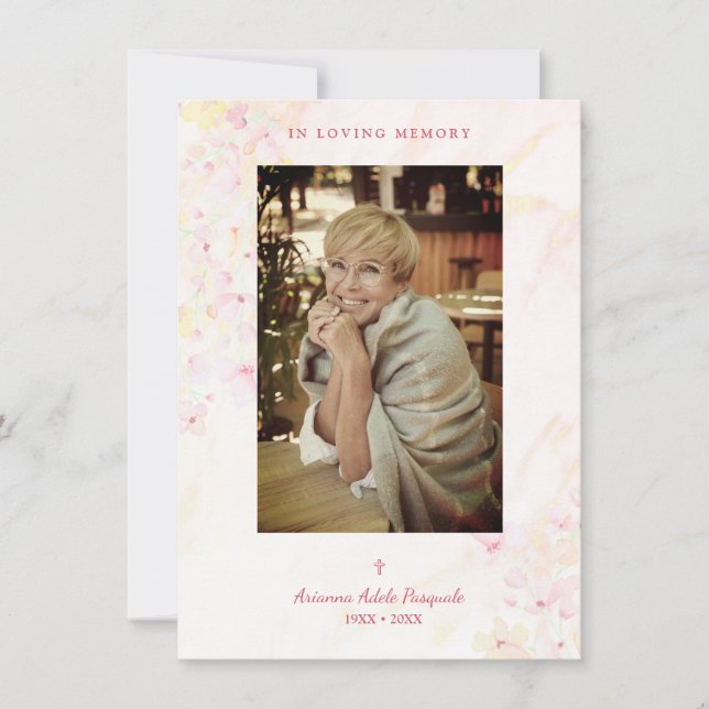 Cartão De Notas Funeral de Foto Rosa Floral Tradicional e Elegante (Frente)