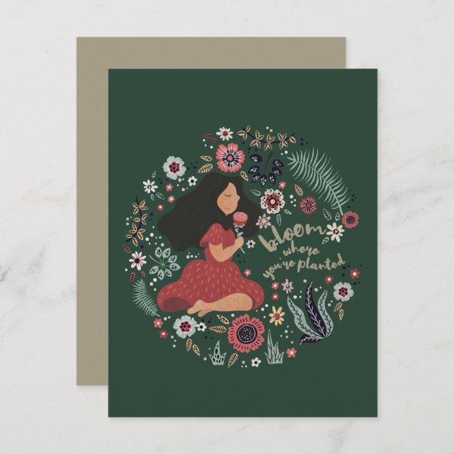 Cartão De Notas Garota e Flores Bonitas - Bloom Onde Você Está Pla (Frente/Verso)