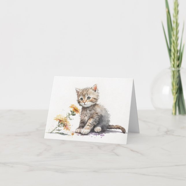 Cartão De Notas Gatinho De Aquarela Com Daisy (Frente)