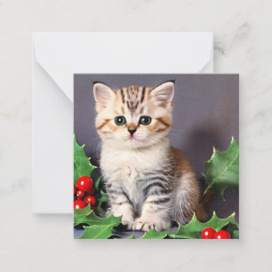 Cartão De Notas Gatinho de Natal Vintage e Azevinho