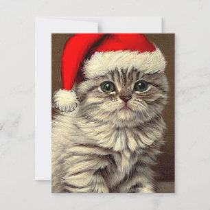 Cartão De Notas Gatinho de Natal Vintage Usando Chapéu de Papai No