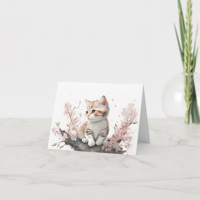 Cartão De Notas Gatinho Em Flores Rosa Aquarela (Frente)