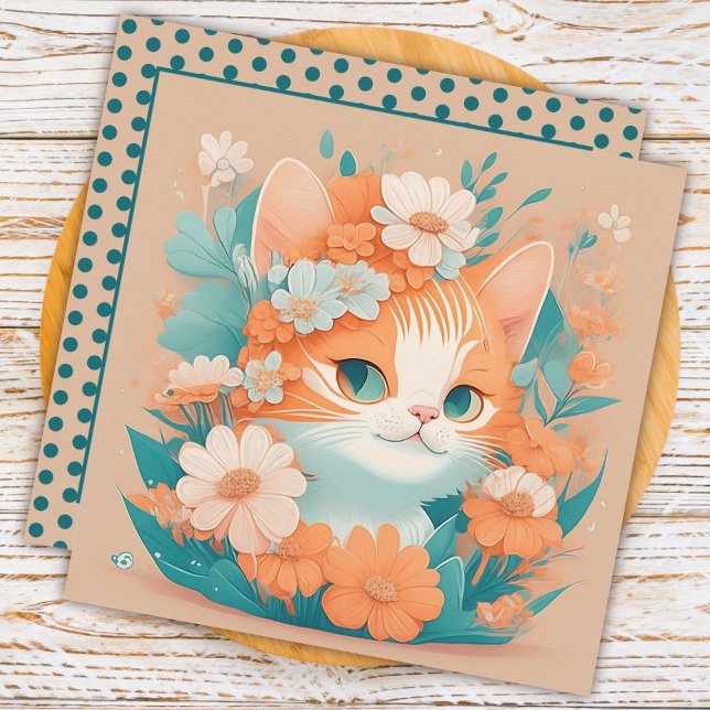 Cartão De Notas Gatinho Fofo com Flores (Criador carregado)