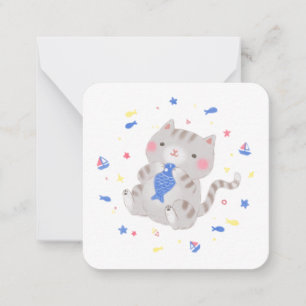 Cartão De Notas Gatinho Fofo com Peixe na Ilustração de Verão