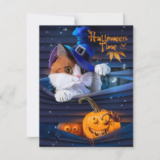 Cartão De Notas Gato com chapéu de bruxo e abóbora de halloween