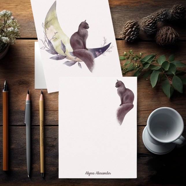 Cartão De Notas Gato de Aquarela Elegante a Rosa-Lua (Criador carregado)