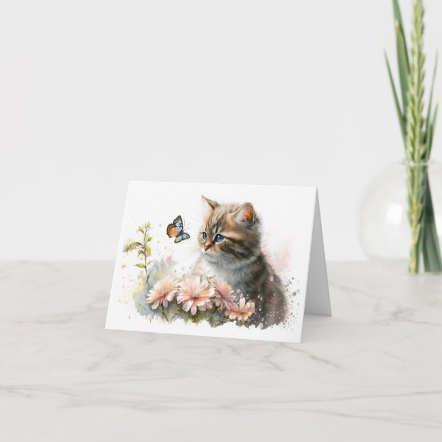 Cartão De Notas Gato e Borboleta no Jardim (Frente)