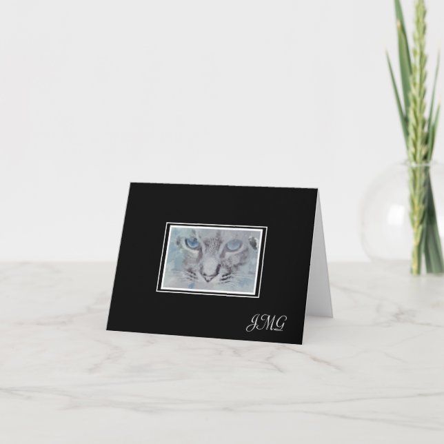 Cartão De Notas Gato Elegante de Cinza Prateada em Fundo Negro (Frente)