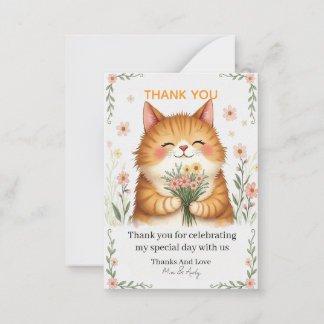 Cartão De Notas Gato Laranja com um Buquê de Flores Obrigado
