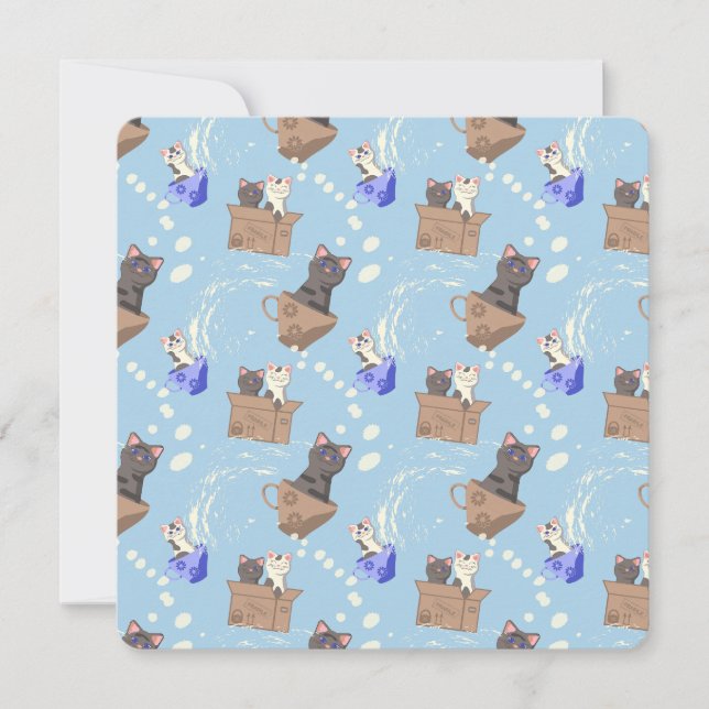 Cartão De Notas Gatos na caixa e leite cai em azul (Frente)