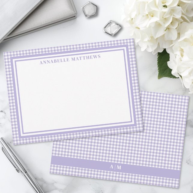 Cartão De Notas Ginga Xadrez Roxo Personalizado (Purple Gingham Plaid Personalized Note Card)