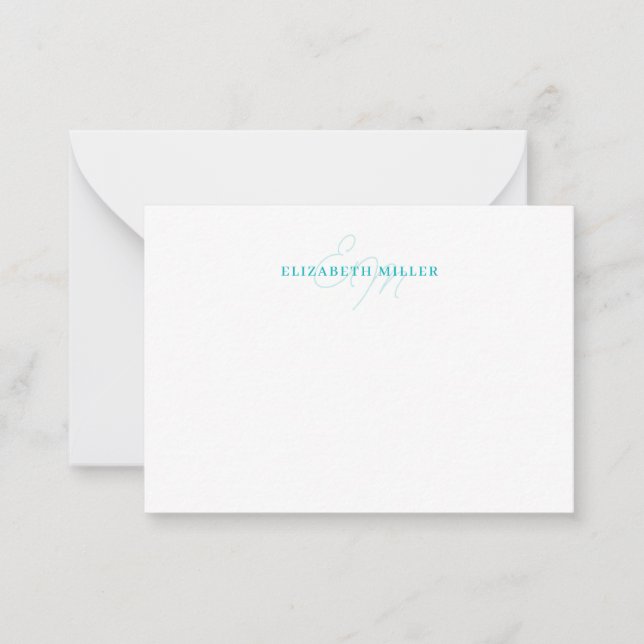 Cartão De Notas Girly Chic Teal Green 2 Script Monorgrama (Frente)