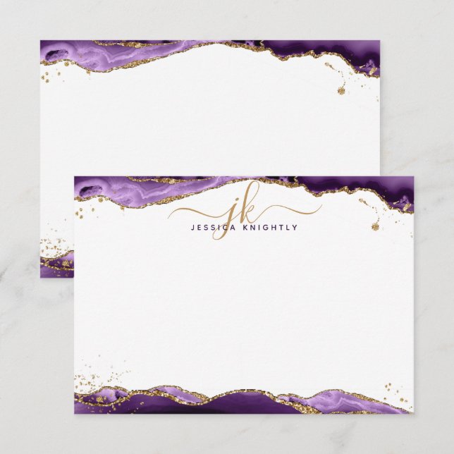 Cartão De Notas Glitter Dourado de Monograma de Geodo de Agato Rox (Frente/Verso)