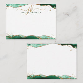 Cartão De Notas Glitter Dourado do Monograma de Geodo Verde Agate