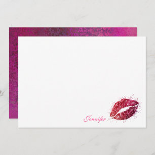 Cartão De Notas Glitter Rosa Girly Lipstick Kiss Personalizado