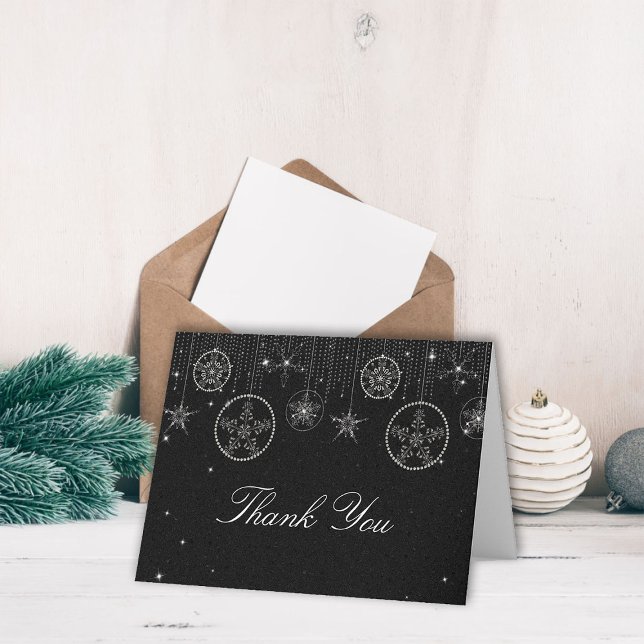Cartão De Notas Glitter Snowflakes Black White Elegante Obrigado (christmas thank you folded card couple wedding holidays winter snowflakes rhinestones glitter black )