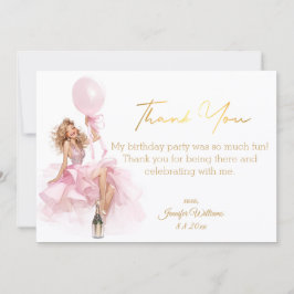 Cartão De Notas Gold Script Pink Dress Girl Birthday Thank You